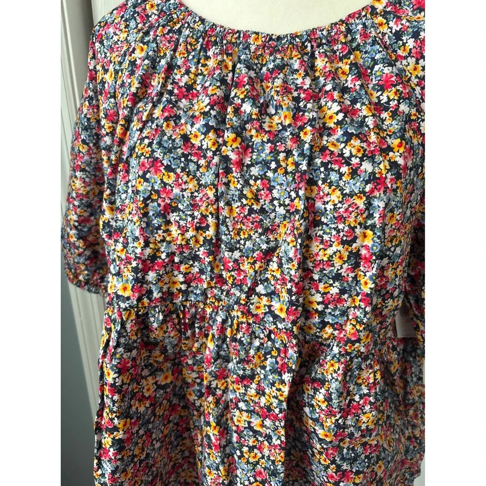 Old Navy Womens XL Tall Floral Babydoll Peplum Top Puff Sleeve Navy Blue Multi